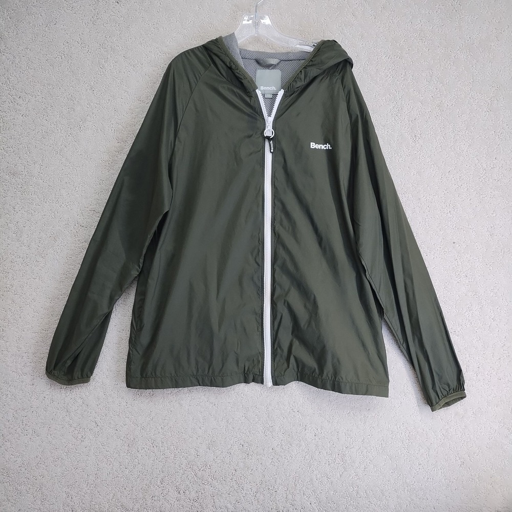 Bench Windbreaker Jacket Mens L Hooded Lightweight Full Zip Green Mesh Lined